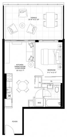 Floor plan for 1 bed, 1 bath, 524 sqft